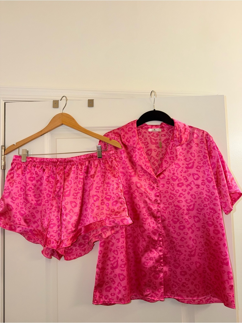 Hot Pink Leopard Print Satin Pajama Set - Size Large